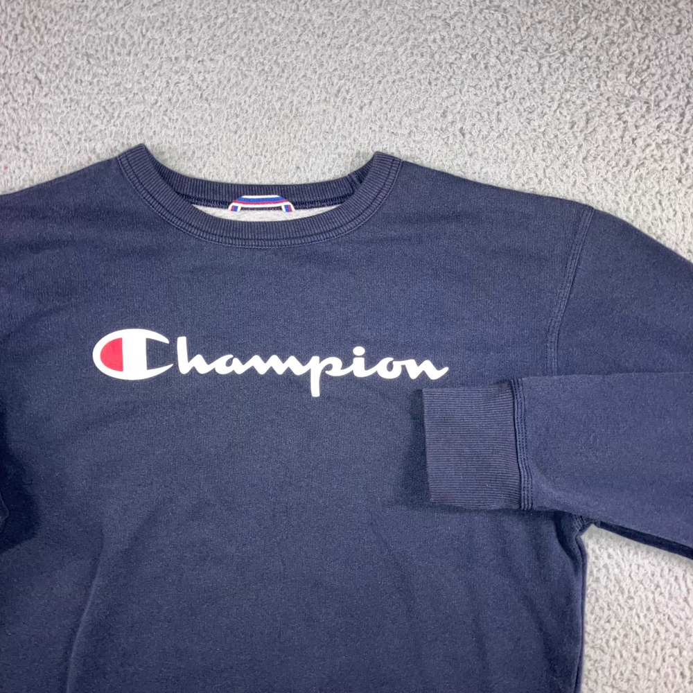 Champion Sweatshirt Men‎ M Navy Blue Script Logo Crewneck Pullover Fleece y2k